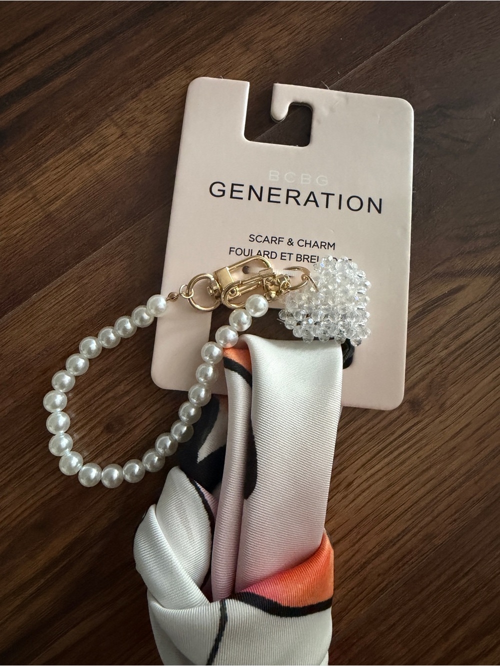 BCBG Generation Pearl Bead Scarf & Bag Charm - White & Gold
